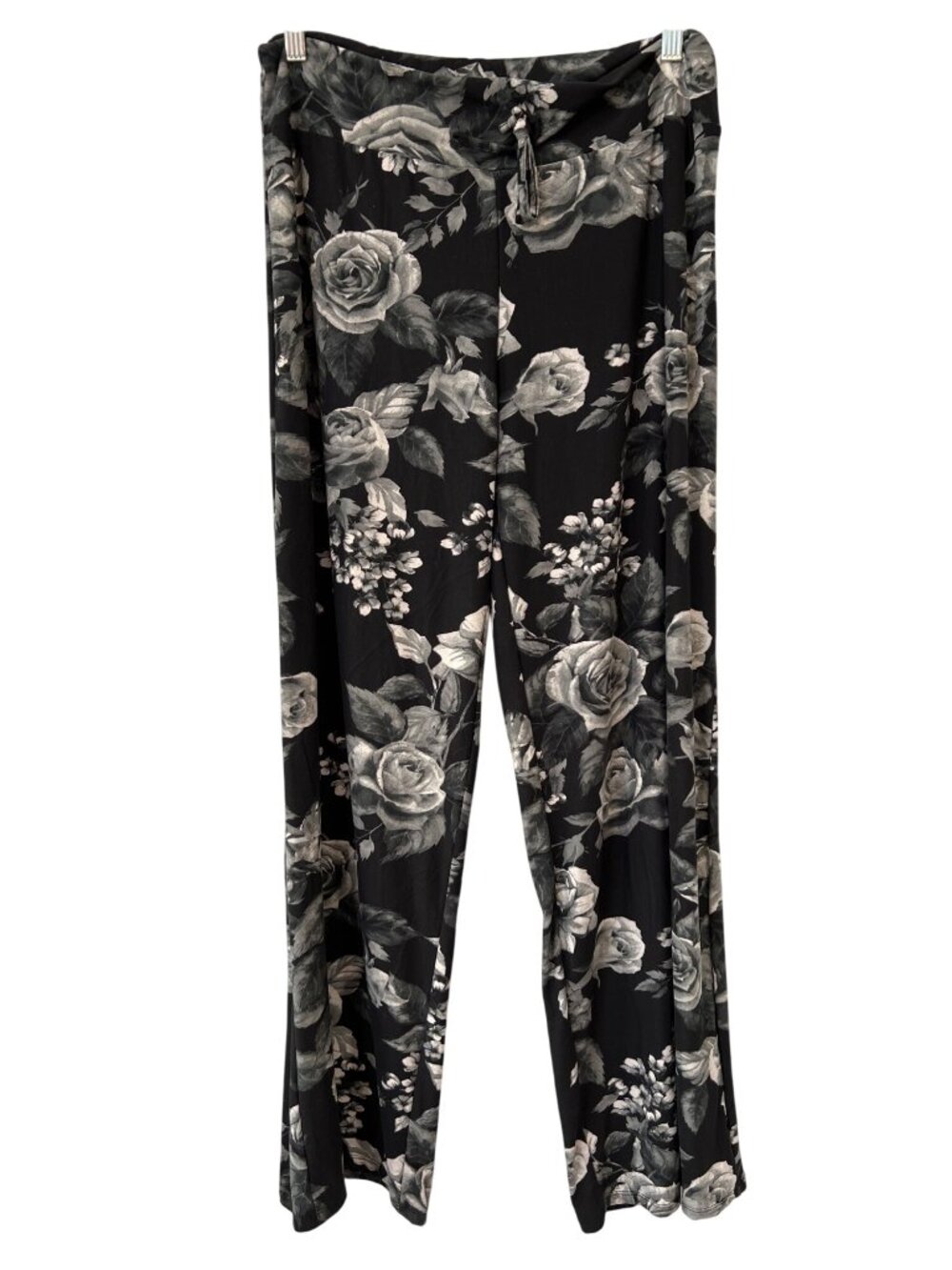 Wide Leg Pant Size 1XL Floral Pull On Black Poly Blend Drawstring Lounge Relaxed